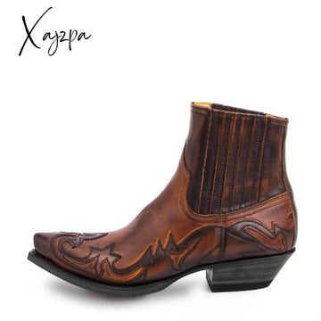 Xajzpa - Western Cowboy Burnt Flower Men’s Boots Black Brown Handmade Chelsea For Men Free